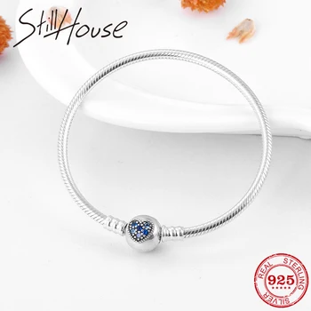 

Real 925 Sterling Silver Round shape Heart with Blue CZ Charms Snake Bone chain Bracelets Fashion Women Jewelry Valentine's Day