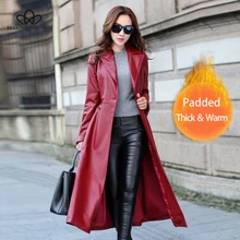 Bella philosophy Wonder, осень, черный, красный цвет, длинное толстое женское кожаное пальто, с длинным рукавом, на талии, с ремнем, с карманами, Женская куртка
