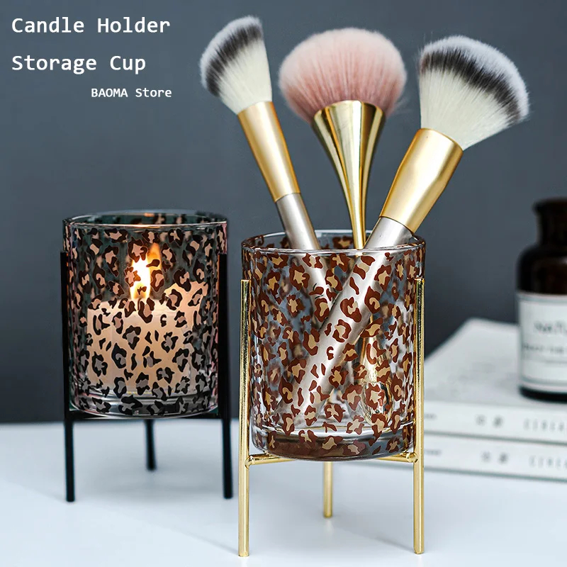 

Leopard Candlestick Glass Multifunctional Storage Cup Home Decoration Bedroom Cadle Holder Bathroom Makeup Brush Storage Box Set