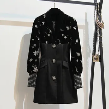 

2019 New Autumn Women's V-neck Small Fragrance Bubble Sleeve Gold Thread Embroidery Velvet Stitching Single-breasted Dresses