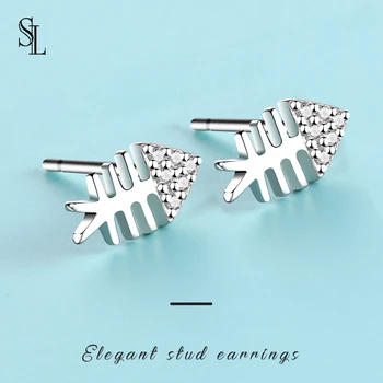 

SL 925 Sterling Silver Jewelry Fishbone Earrings Zirconia For Women Lady Gift 2020 New Simple Fashion