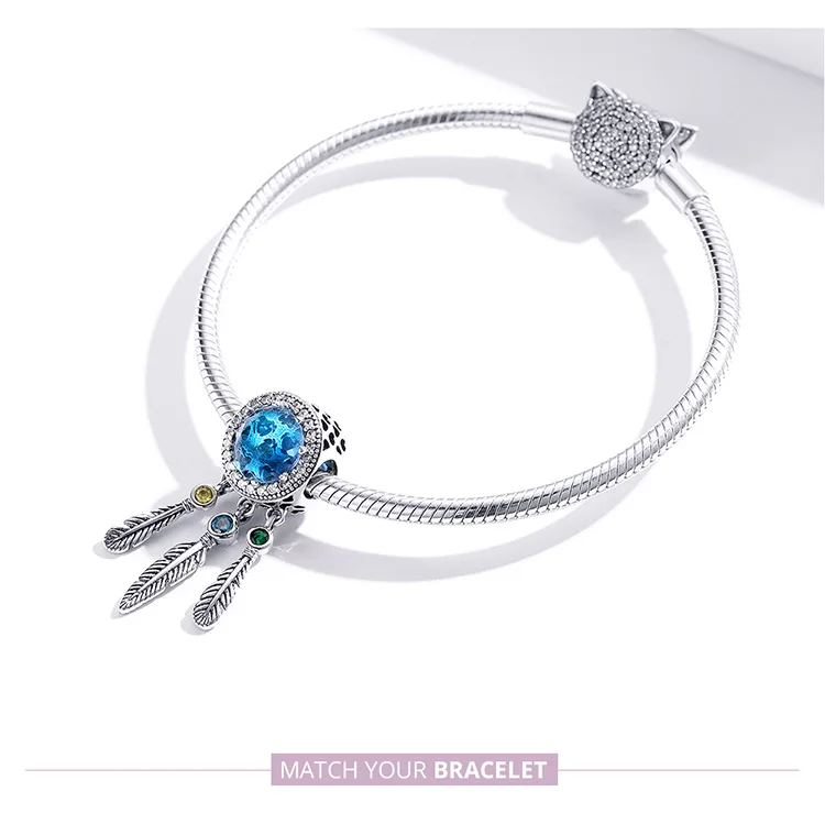 MOWIMO 925 пробы Серебряный талисманы Ловец снов перо подходит браслет Pandora кулон синие стеклянные бусины, украшения BKC1384