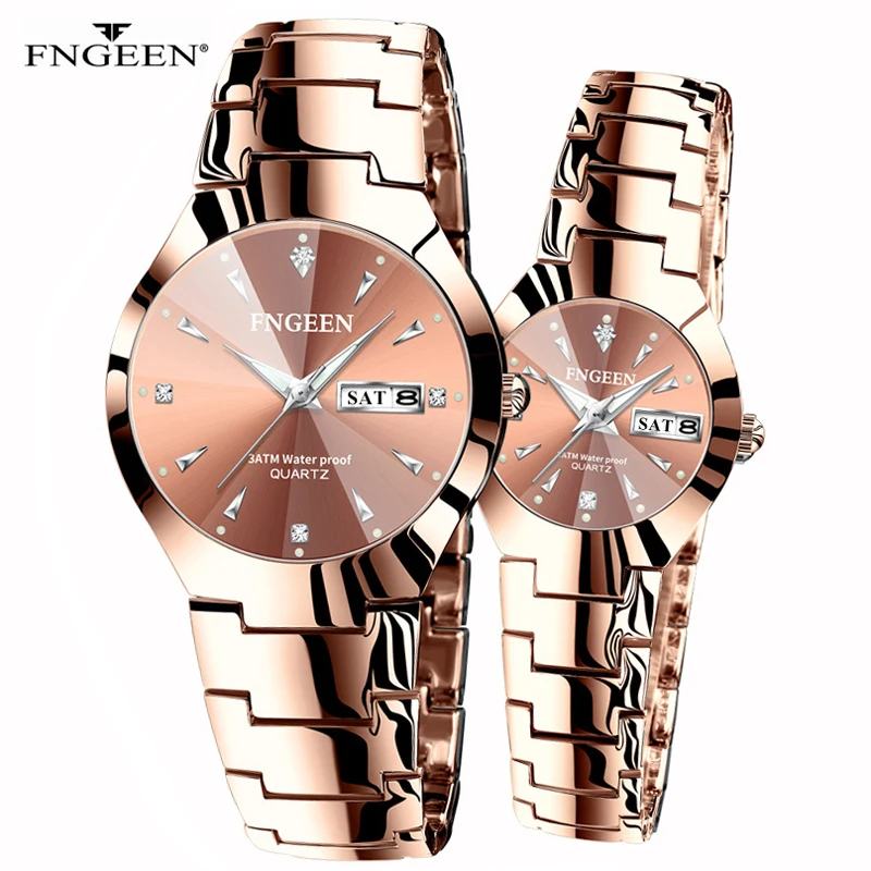 Couple Watches for Lovers Quartz Wristwatch Fashion Business Men's Watch Women Tungsten Steel Coffee Gold Pair Hour | Наручные часы
