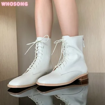 

2020 new Ankle Boots Women Calfskin Genuine Leather Round Toe Lace-Up Back Zipper Winter Lady Fashion Shoes Handmade 02202
