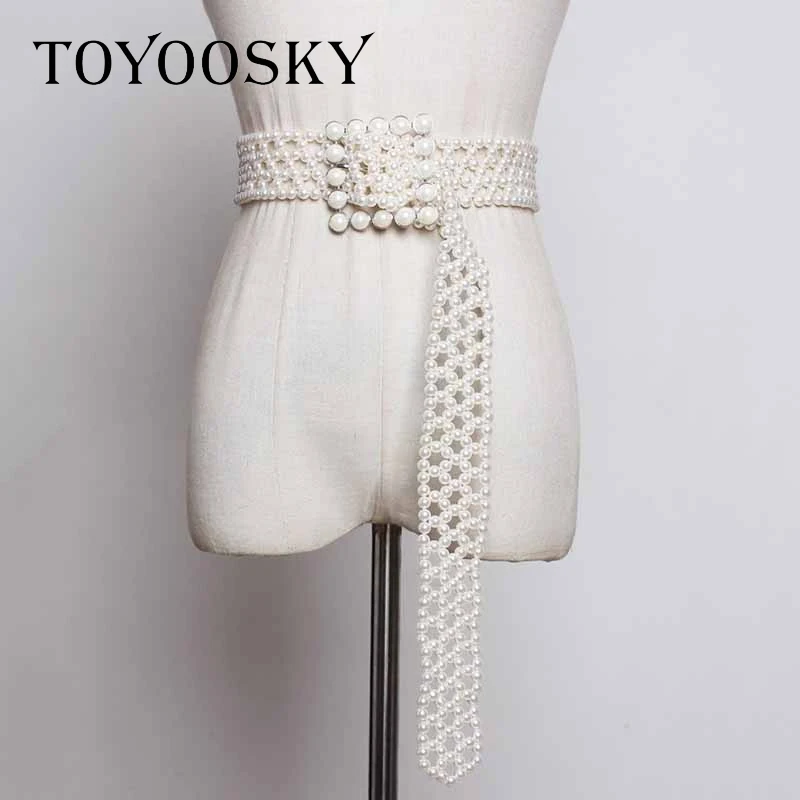 TOYOOSKY/Новая мода г., летний Искусственный белый жемчуг, тканый, выдолбленный длинный широкий пояс, квадратная игла, пряжка, пояс для женщин
