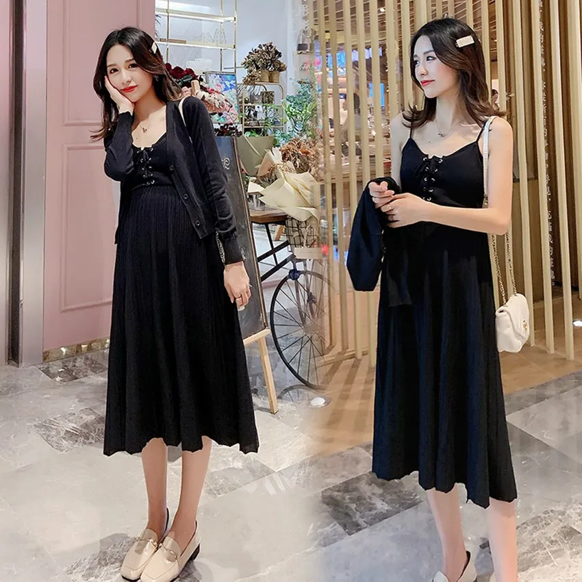

2019 autumn and winter maternity dress large size tide mom fashion l knitted two-piece dress Korean version of pregnant knit swe