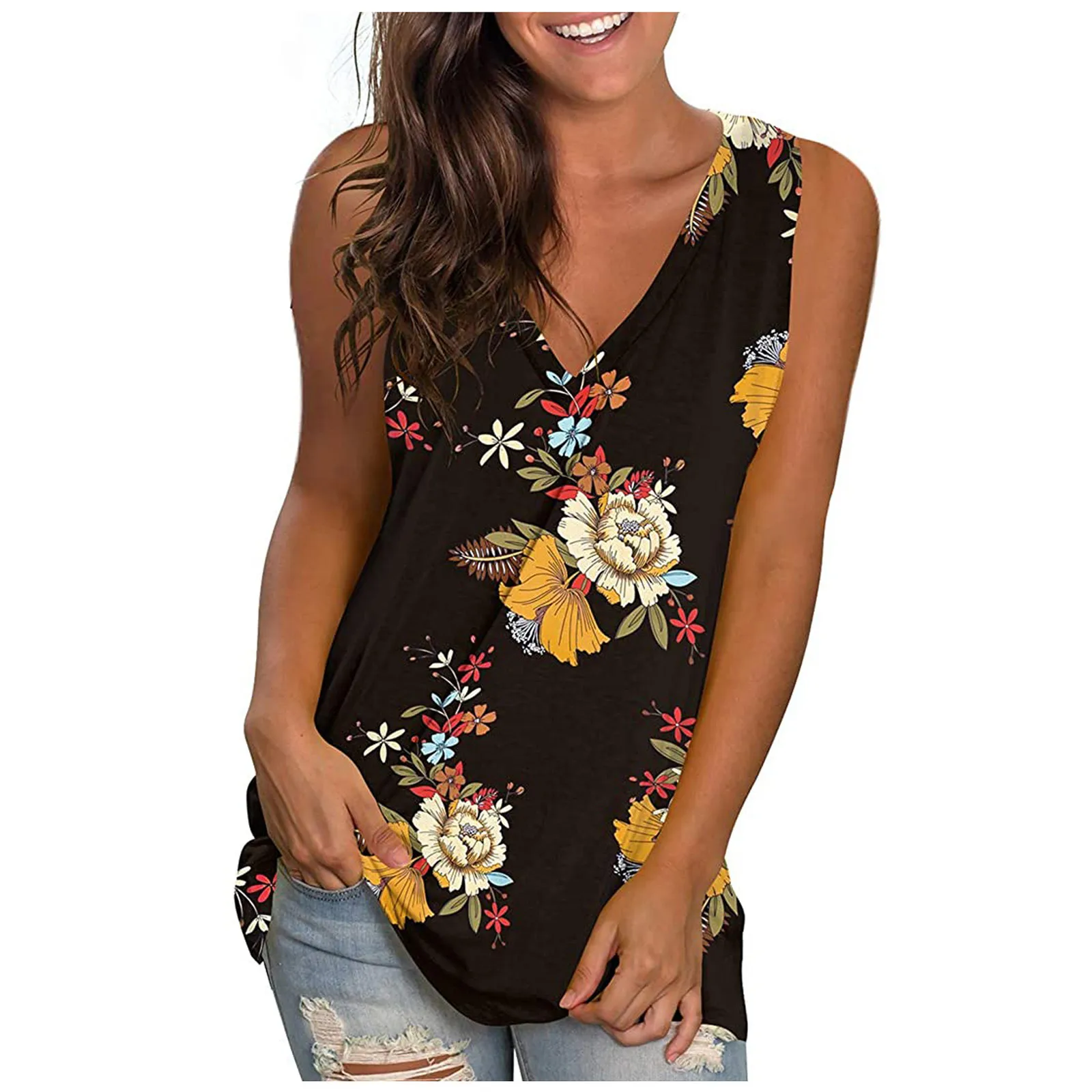 Women's Floral Print T-Shirt V Neck Tanks Ladies Sexy Sleeveless Summer Fashion Casual Loose Top Blusa Feminina #T2 | Женская одежда
