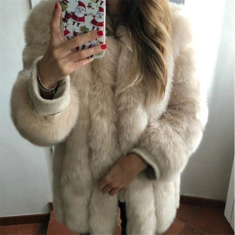 Khaki Женское зимнее пушистое пальто из искусственного меха, Высококачественная Толстая имитация меха лисы, женская теплая верхняя одежда - Цвет: Khaki
