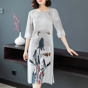 

Vintage Dress Spring New Fashion Ink Printing Long Loose Big Yards Elastic Free Size Women Outfit Vestido High Quality O Neck