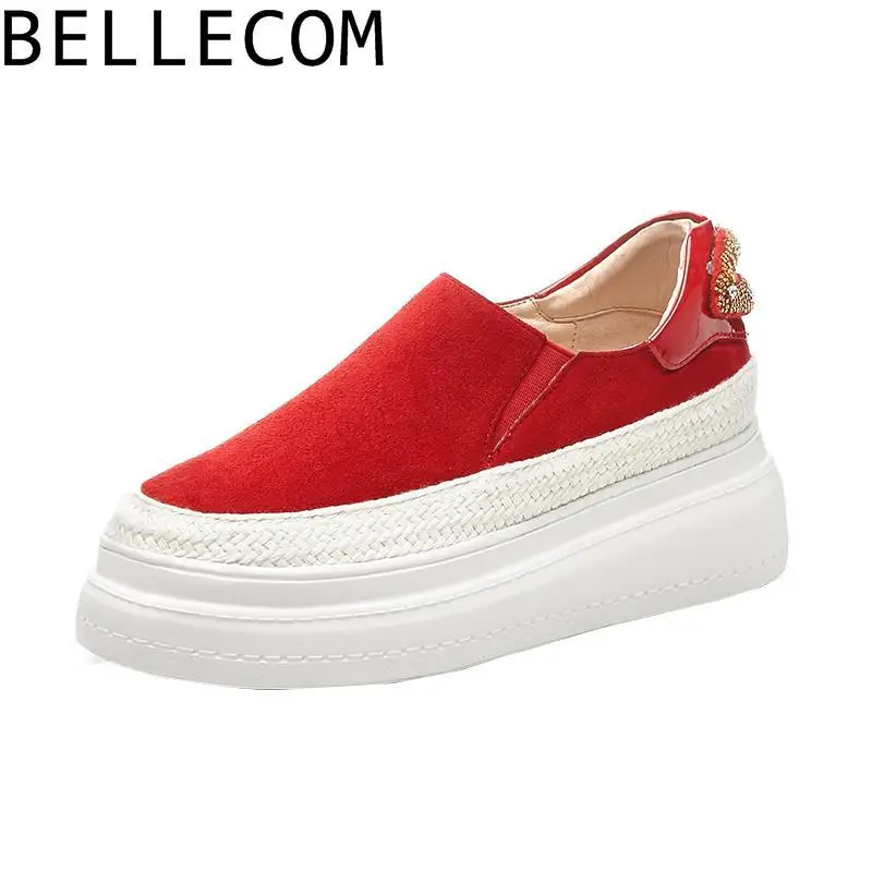 

BELLECOM 2020 Muffin Bottom Thick Bottom Woman Season Red Circle Head Single Shoe One Pedal Genuine Leather Dawdler Comfortable