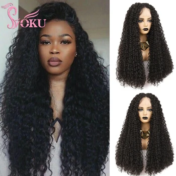 

SOKU Middle Part Lace Front Wigs Long Kinky Curly Wig with Baby Hair Natural Brown for Women Trendy Hairstyle Synthetic Lace Wig