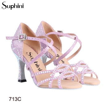 

Great Performance Microfiber Soft Sole Sparkle Pink Glitter With Rhinestones Suphini High Heel Latin Dance Shoes