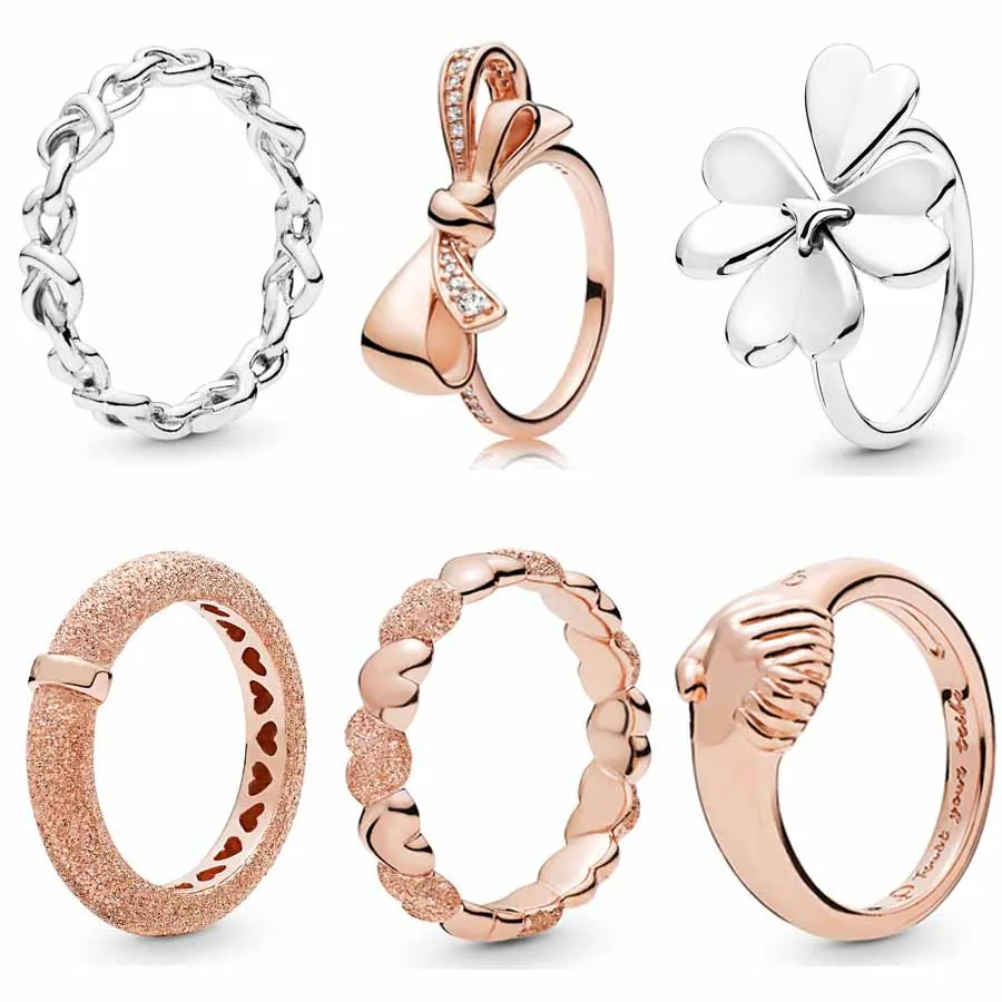 

Rose Matte Brilliance Knotted Hearts Bow Female Empowerment Ring 925 Sterling Silver Ring For Women Wedding DIY Europe Jewelry