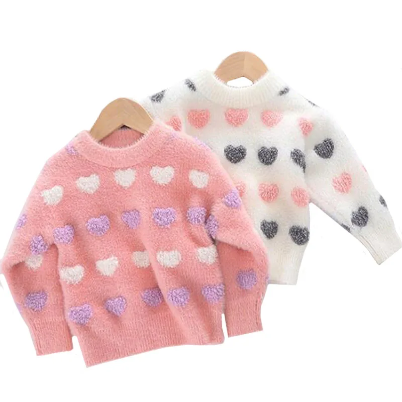 

Girls Sweaters New Korean Children's Round Neck Pullover Velvet Jacket Kids Sweater Cute Heart-shaped Winter Clothes Baby Girl