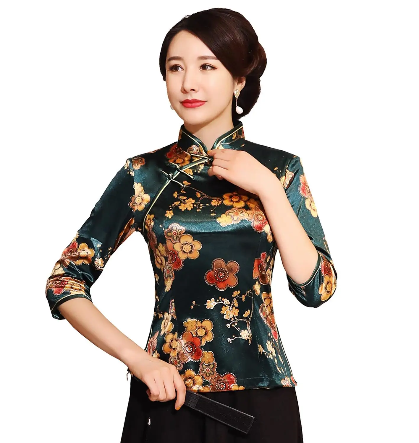  Shanghai Story Chinese Button Woman's Shirt chinese traditional top 3/4 Sleeve cheongsam top Velvet