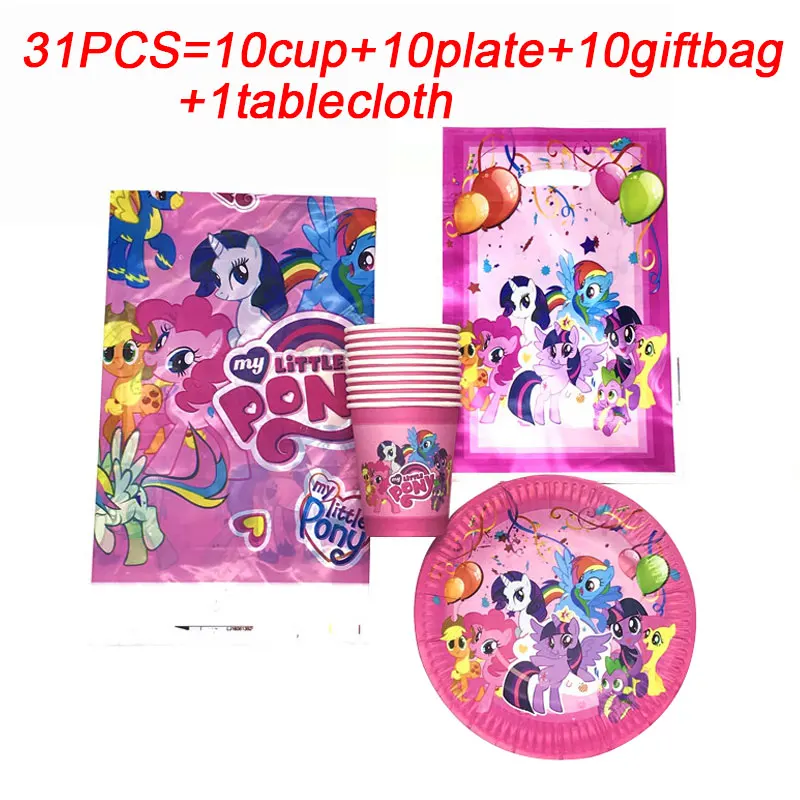 

Disposable Party Plates Cups Tablecloth My Little Pony Birthday Theme Gift Bags For Baby Girl Birthday Party Supplies Decoration