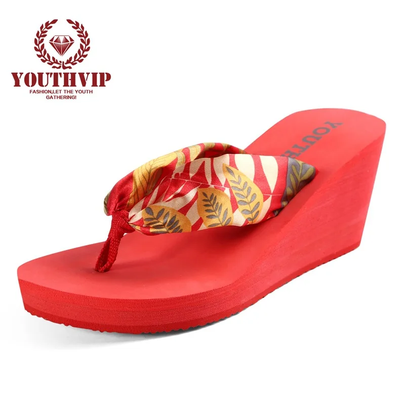 

Summer New Style Floral-Print Slanted Heel Slippers Korean-style Thick Bottomed Sandals Home Sandals