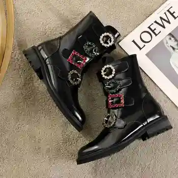 

Patent Leather Motorcycle Boots Colorful Crystal Buckle Short Boots Women Casual Shoes Goth Mujer 2020 New Designer Brand Luxury