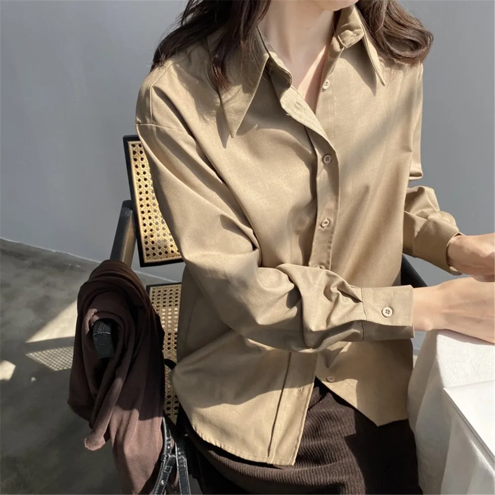 2020 Spring Women Brown Shirt Female Blouse Tops Long Sleeve Casual Turn-down Collar Style Women Loose Office Blouses Z1695 (43)
