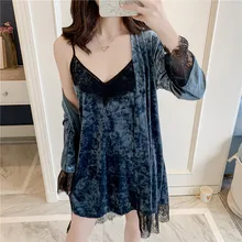 Серый сексуальный женский велюровый ночной халат, топ на бретелях, пижама, зимняя пижама из двух частей, домашняя одежда, ночное кимоно для сна, банное платье