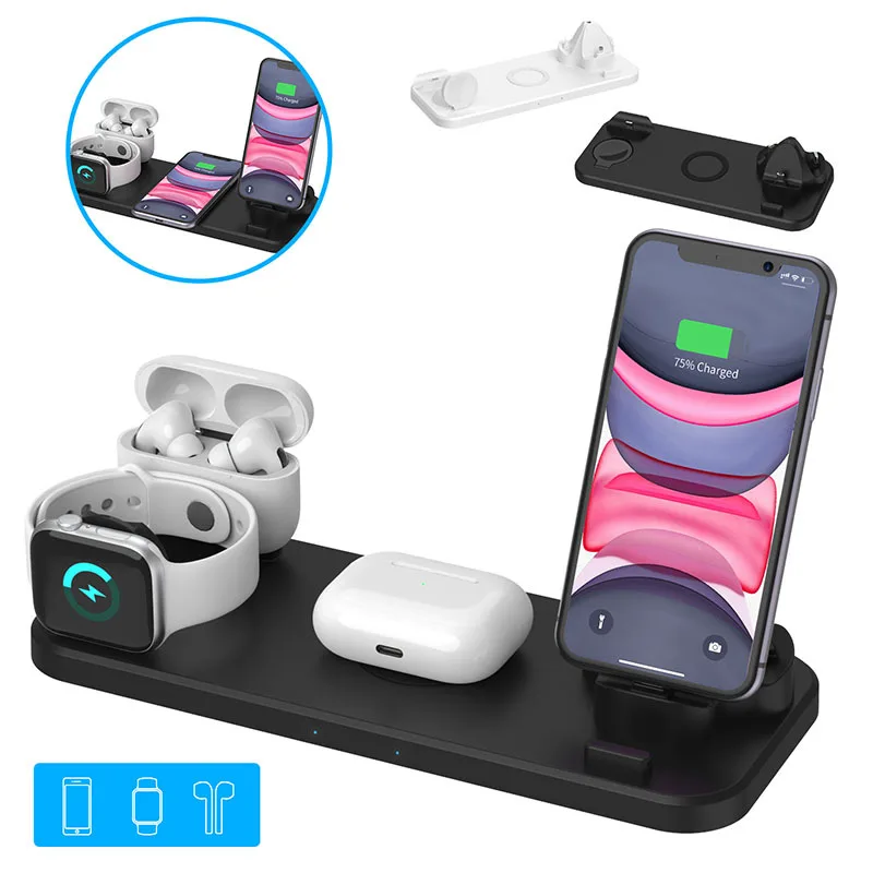 10W Qi Wireless Charger Station 6 in 1 pad Iphone Airpods Micro USB Type C Stand phone Chargers For Apple Watch airpods Charging