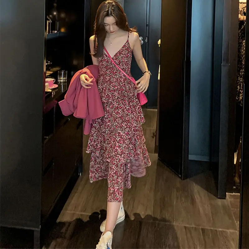 

Printing Long Dress Women Sleeveless V-neck Chiffon Casual Sexy Dresses Lady Summer Beach Bohemia Party Dress Sundress Vestidos
