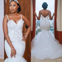 Fivsole Modern Mermaid Lace Wedding Dress Spaghetti Straps Sleevelss Court Train Bridal Gowns With 3D Flowers Vestido de noiva