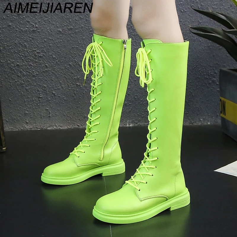 

Fashion Knee High Women Lace Up Orange Green Pink Boots New Winter Boots Women Square Heel Rubber Boots Botas Zapatos De Mujer