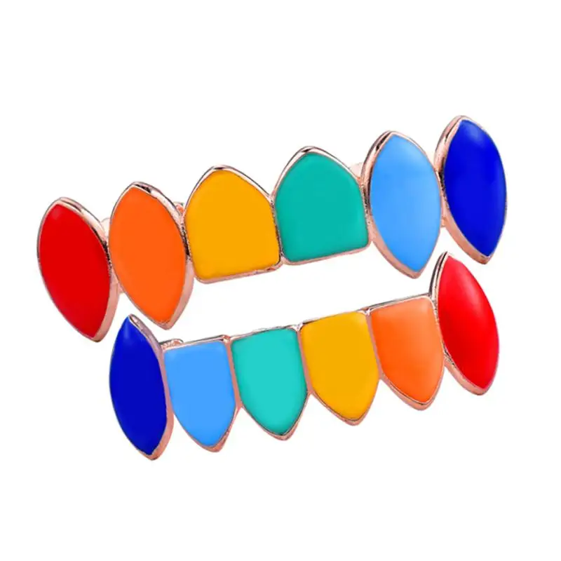 Hip Hop Gold Plated Colorful Rainbow  Fangs Top and Bottom Grill