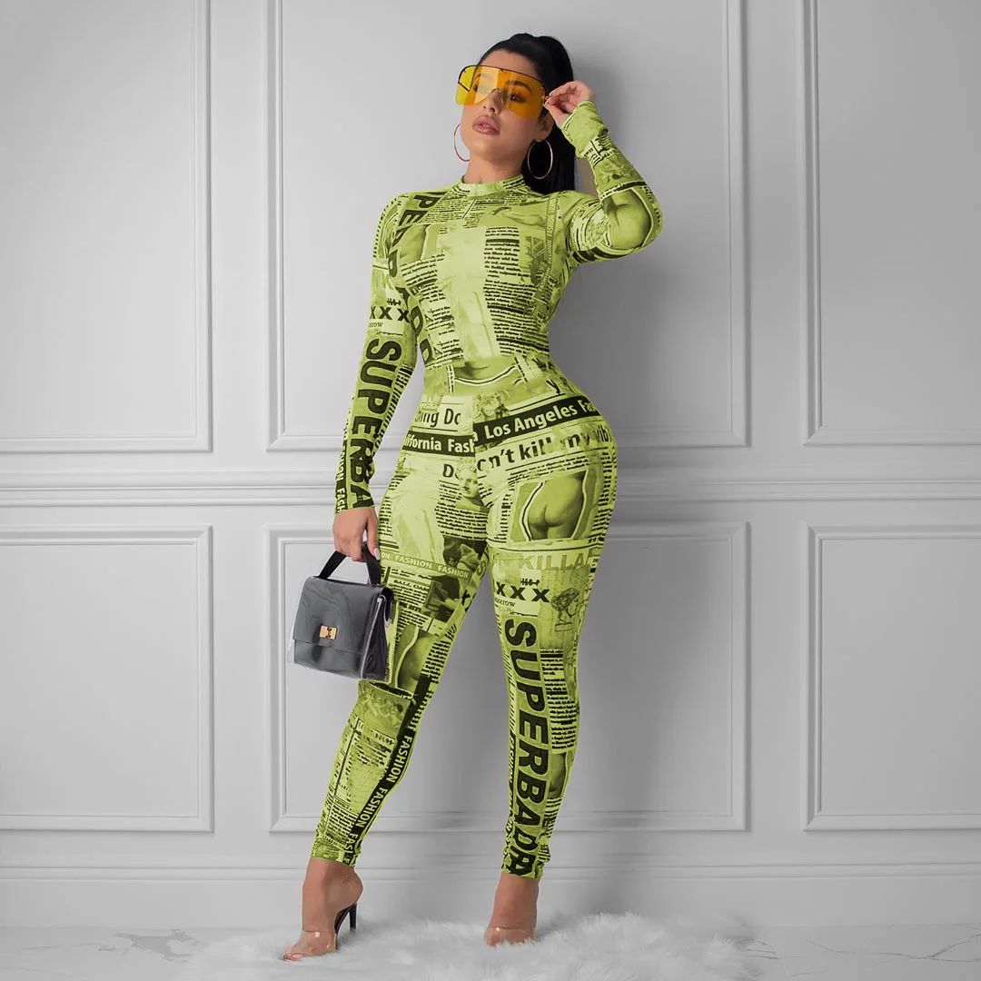 ChocoMist Jumpsuits  Casual Skinny Paper Print Long Sleeve One-piece Jumpsuits SM9049