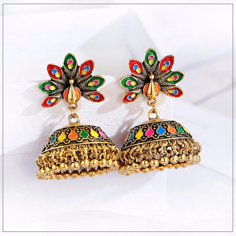 Retro Golden Peacock Bell Jhumka Indian Bollywood Ethnic Dangle Earrings Jewelry 