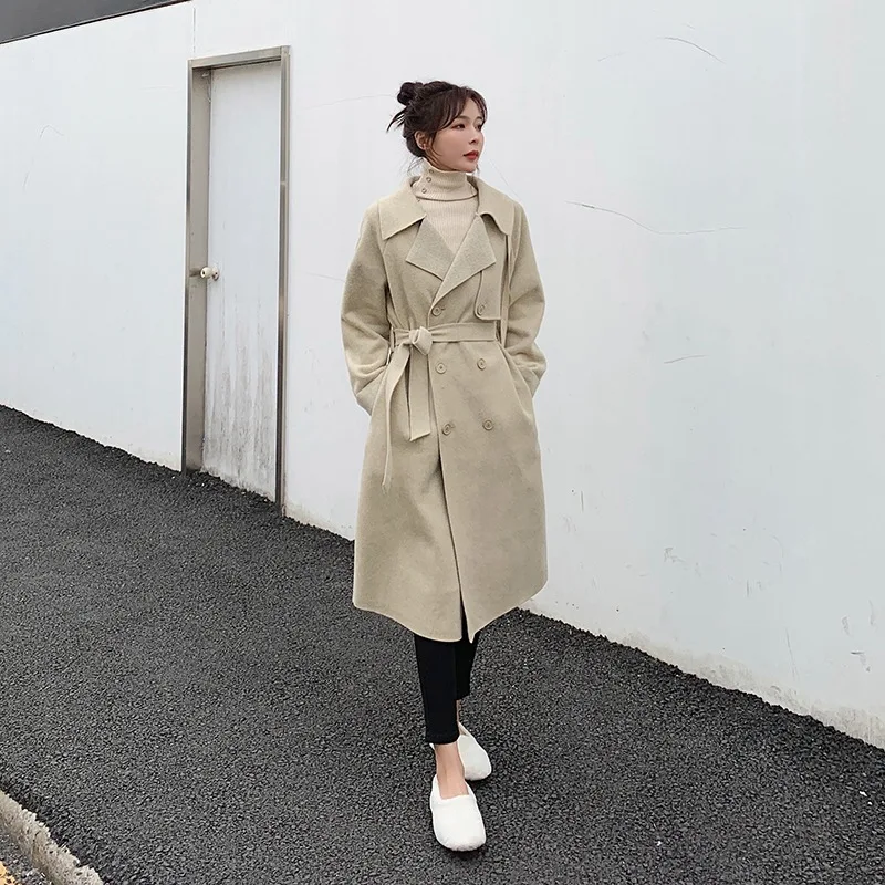 

Photo Shoot CHIC Double Breasted Fashionable Waist Hugging Middle Long Coat 2020 Spring New Style WOMEN'S Dress Retro Fold-down