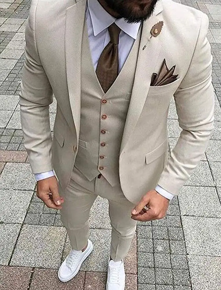 

2020 Latest Coat Pant Designs Ivory Beige Men Suit Prom Tuxedo Slim Fit 3 Piece Groom Style Suits Custom Blazer Terno Masuclino