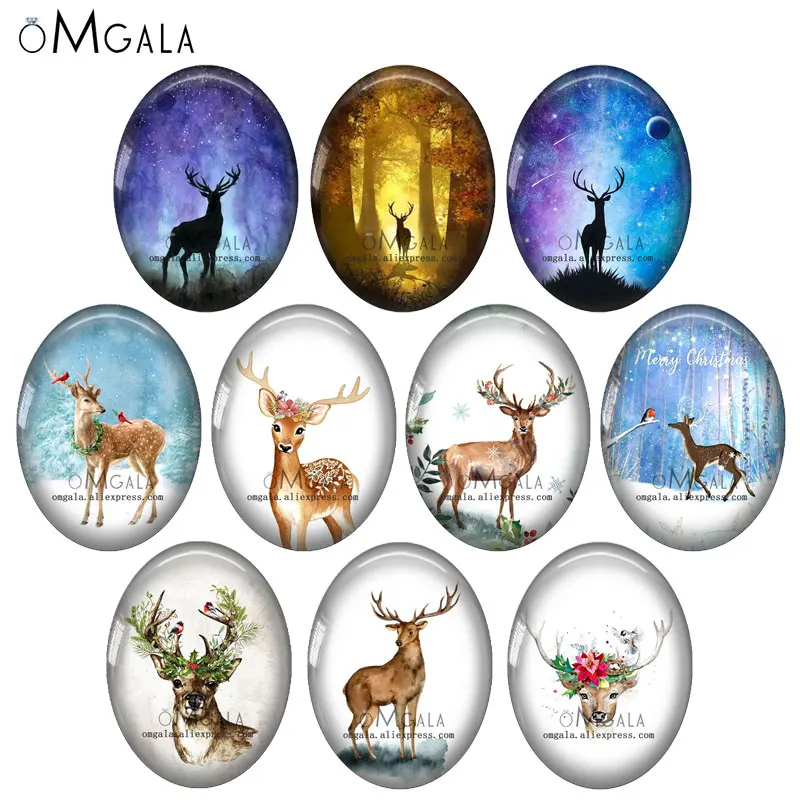 

Fashion Watercolor Deer Elk Art Paintings 10pcs 13x18mm/18x25mm/30x40mm Oval photo glass cabochon demo flat back Making findings