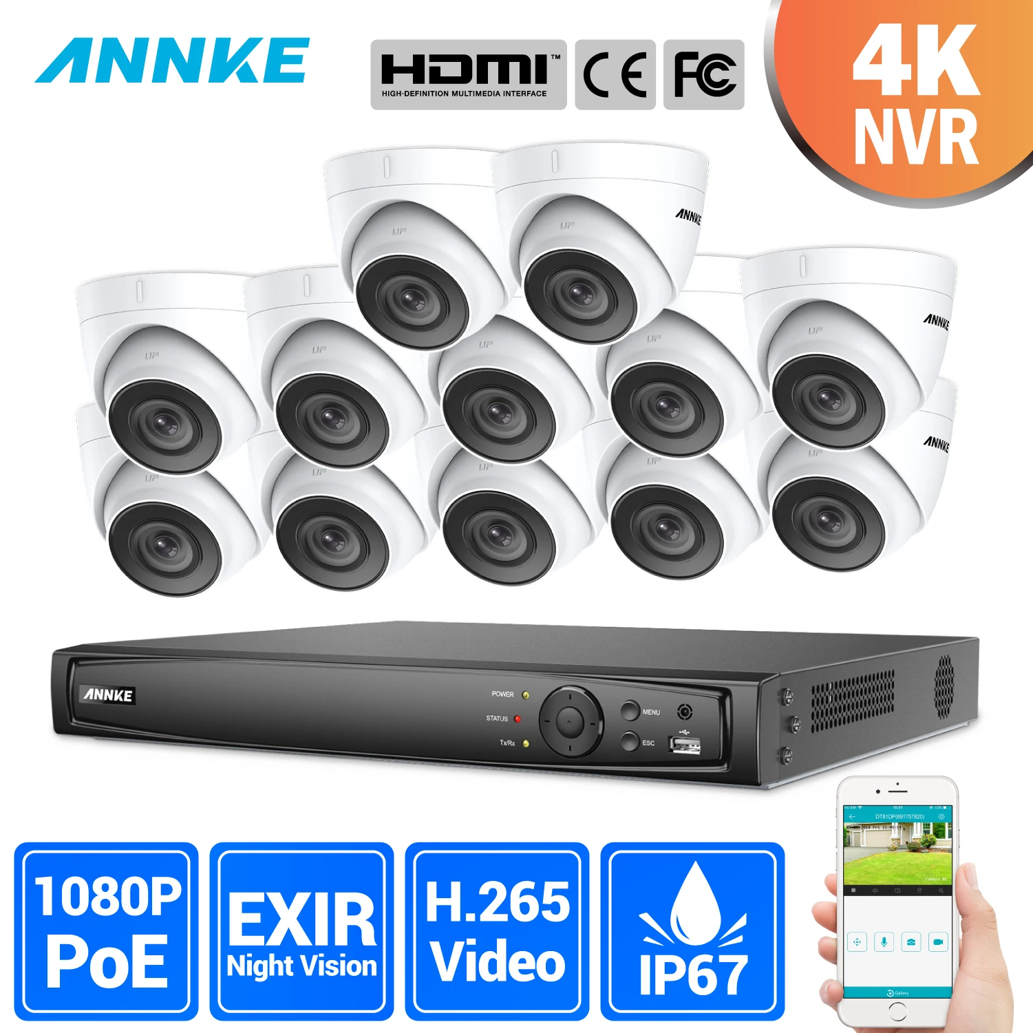 

ANNKE 16CH 2MP Ultra HD POE Network Video Security System 4K H.265 NVR With 12X 2MP 30m EXIR Night Vision Weatherproof IP Camera