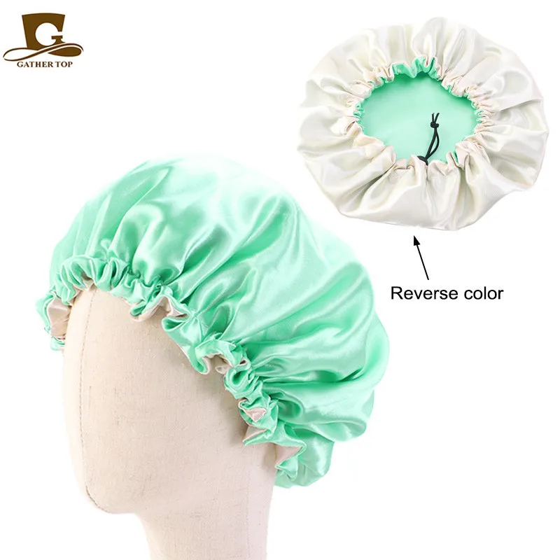 New Reversible Satin Bonnet double layer adjustable size Sleep Night Cap Head Cover Bonnet Hat for For Curly Springy Hair Black ladies head wraps Hair Accessories