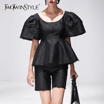 

TWOTWINSTYLE Vintage Women Two Piece Set Square Collar Puff Sleeve High Waist Ruffle Top High Waist Knee Length Pant Suit Female