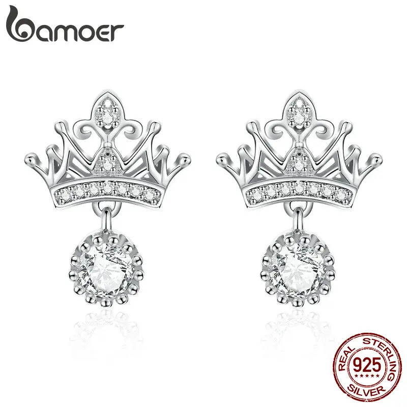 Bamoer, Королевская корона, серьги-гвоздики для женщин, прозрачный CZ, ослепительное, эффектное, свадебные украшения, 925 пробы, серебро, Bijoux BSE244