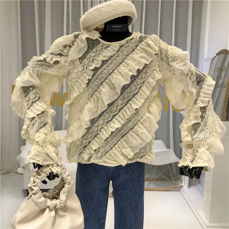 

See Through Lace Blouse 2020 Spring Summer Lolita Style Ruffles O-Neck Blusas Femininas Elegante Women Long Sleeve Shirts