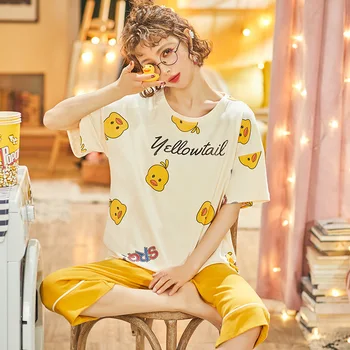 

GOGONI 2020 New Arrivals 2Pcs Women Pajama Sets For Summer Calf-Length Pants Women Summer Pajamas Set Sweet Clothes