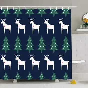 

Shower Curtain Set with Hooks 72x78 Christmas Animal Pattern On Xmas December Trees Deer Snowflakes Textures Larch Holidays