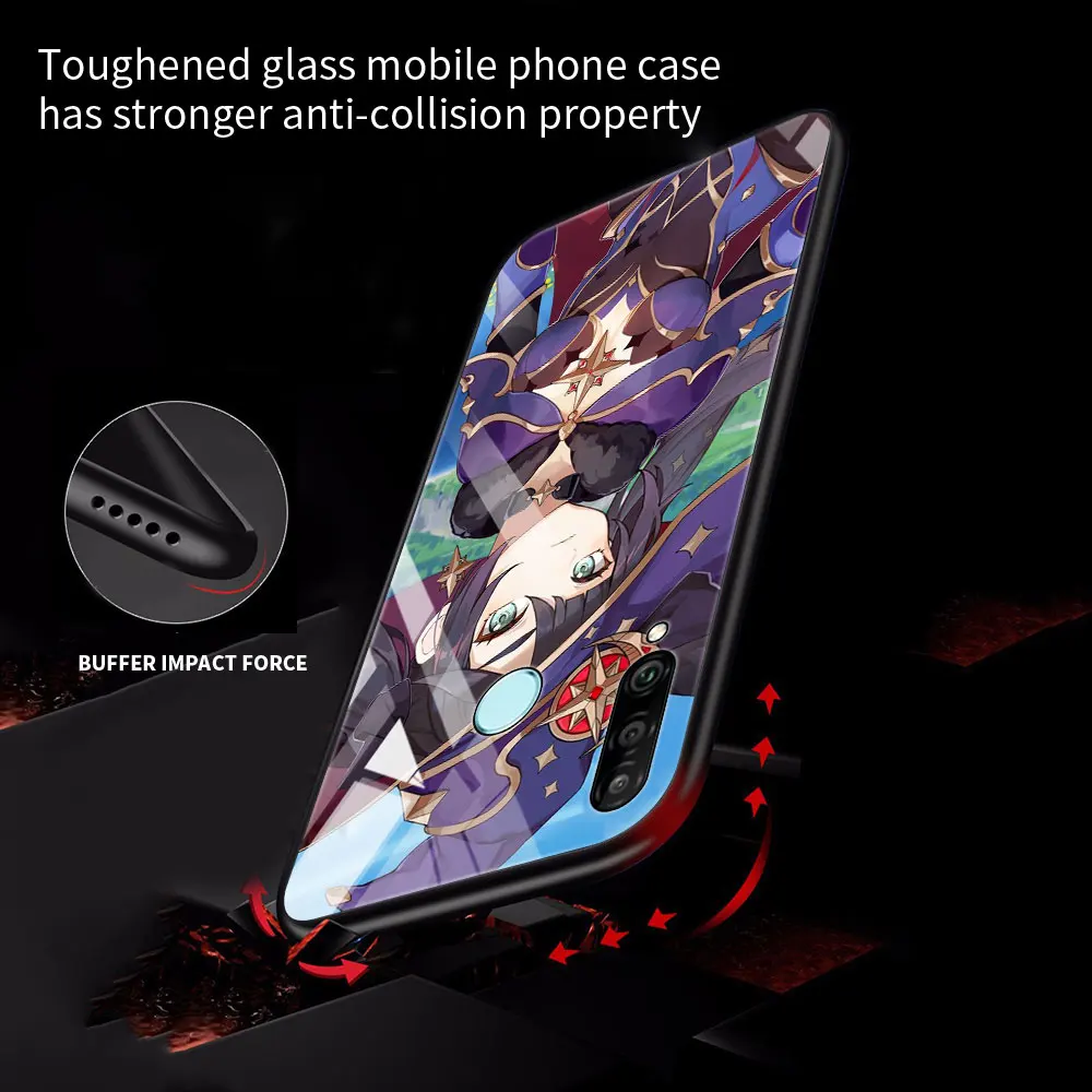 Glass Case for Huawei P30 Lite P40 Pro P Smart Z P20 Y7 Y9 Tempered Coque Y9a Honor 9X 20 Smartphone Housing Genshin Impact Cute