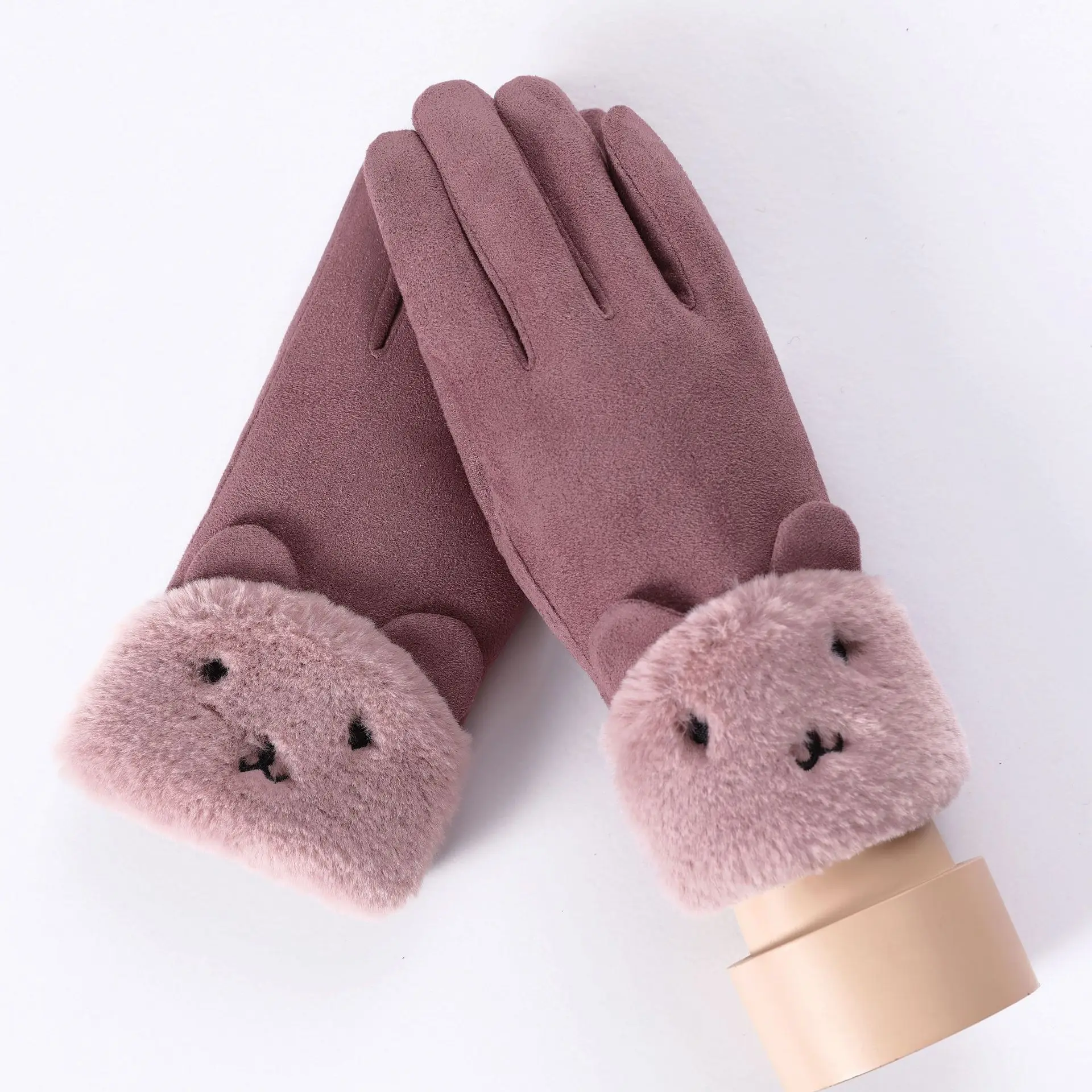 081A-2 Winter Female Lace Warm Cashmere Three Ribs Cute Bear Mittens Double thick Plush Wrist Women Touch Screen Driving Gloves - Цвет: 081A-2