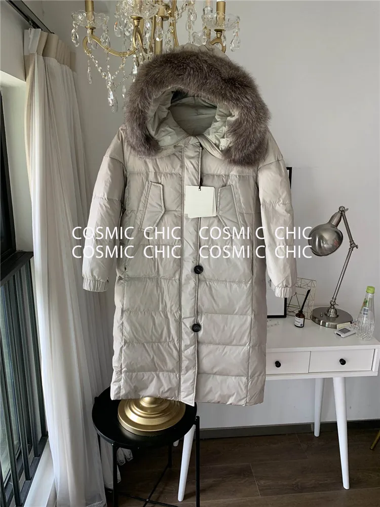 Cosmicchic,, для отдыха, длинный, однотонный, теплый, женский, зимний пуховик, Воротник из лисьего меха, с капюшоном, однобортное пальто