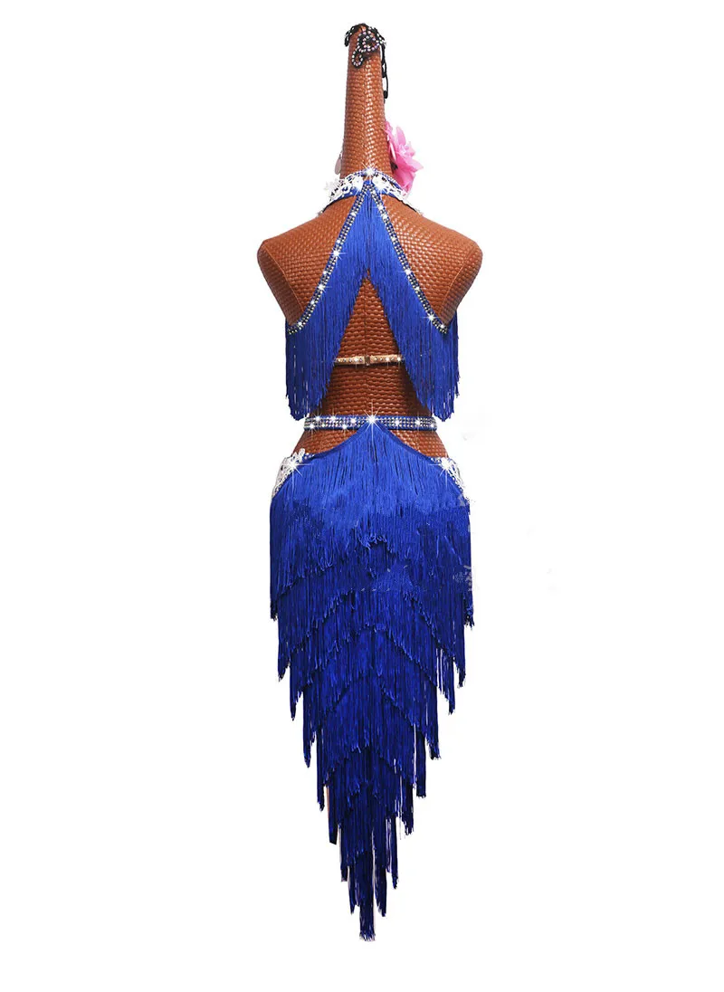 Shiny Rhinestone Latin Dance Dress Women High-end Custom Girl And Adult Female Blue Fringed Dance Dresses Competition Costumes