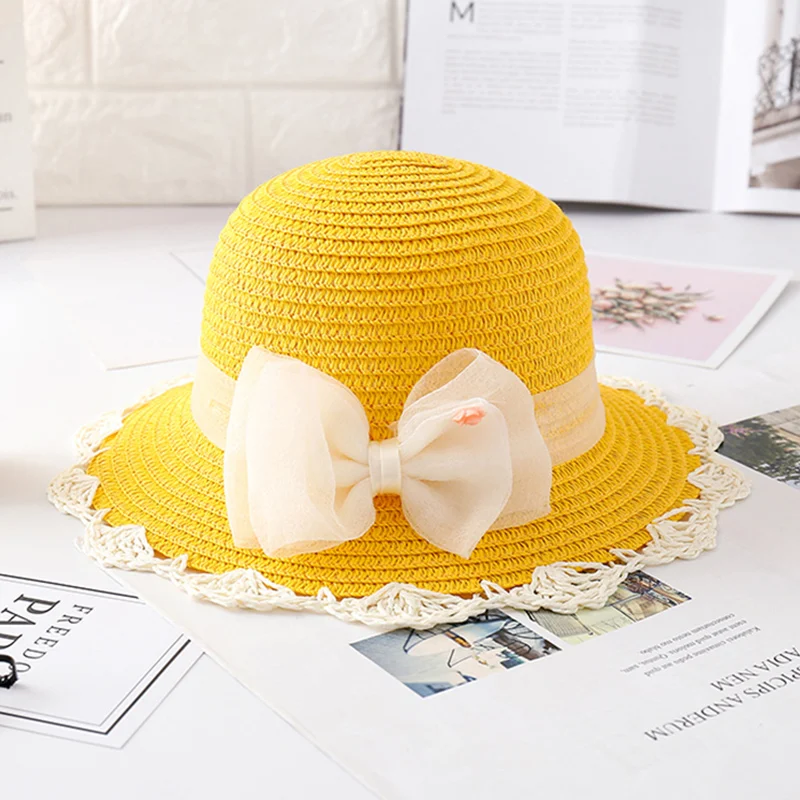 yellow white Детская летняя соломенная шляпа с бантом, новая мода, защита от солнечных лучей на пляже, солнцезащитные шляпы для девочек, детская пляжная кепка для малышей J9 - Цвет: yellow white