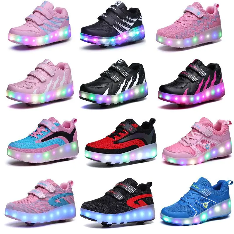 Two Wheels Luminous Sneakers Black Red Led Light Roller Skate Shoes for Children Kids Boys Girls Up 28-43 | Детская одежда и обувь