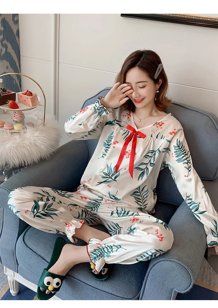 COLENFAISH осенний комплект из 2 предметов: Для женщин одежда для сна из искусственного шелка и сатина, пижамы, пижамный комплект пижама с длинными рукавами пижамы женский домашний костюм