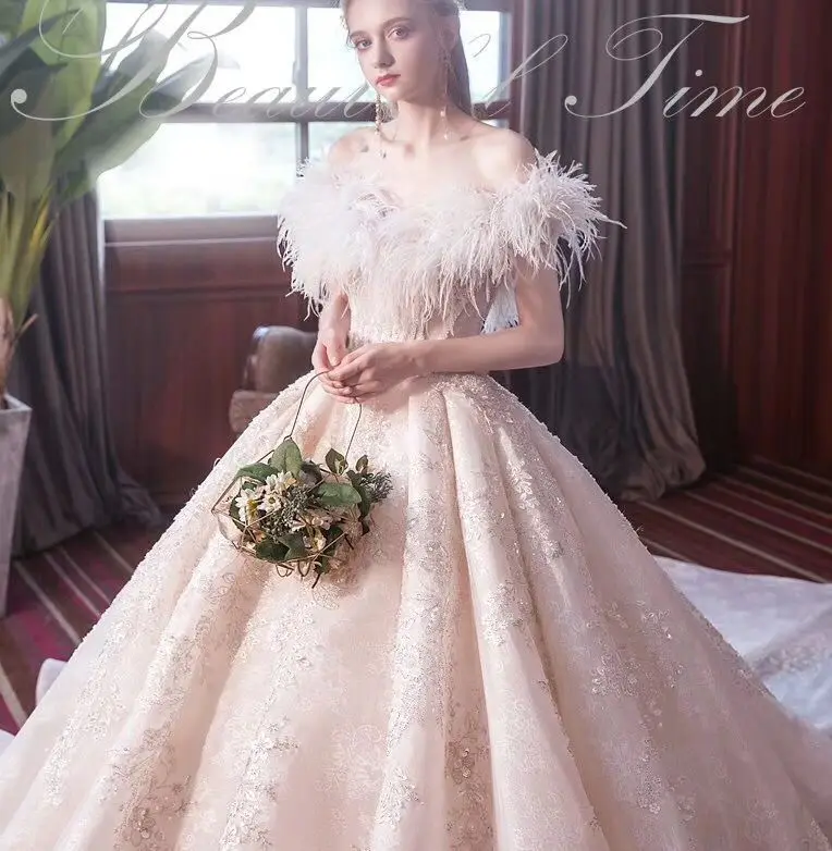 BGW Vestidos De Novia, арабское роскошное свадебное платье с перьями, сексуальное свадебное платье с открытыми плечами и аппликацией, свадебные платья, Robe De Mariee