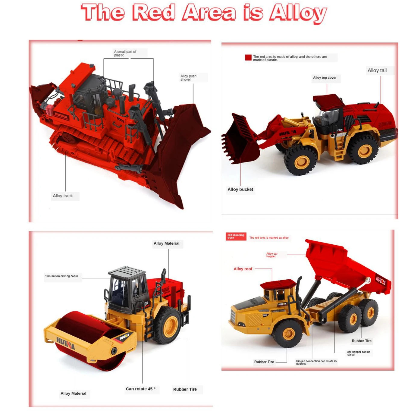 HUINA Alloy Diecast Excavator 1:50 Engineering Construction Model Bulldozer Metal Truck for Boys Birthday Gift Toy Cars